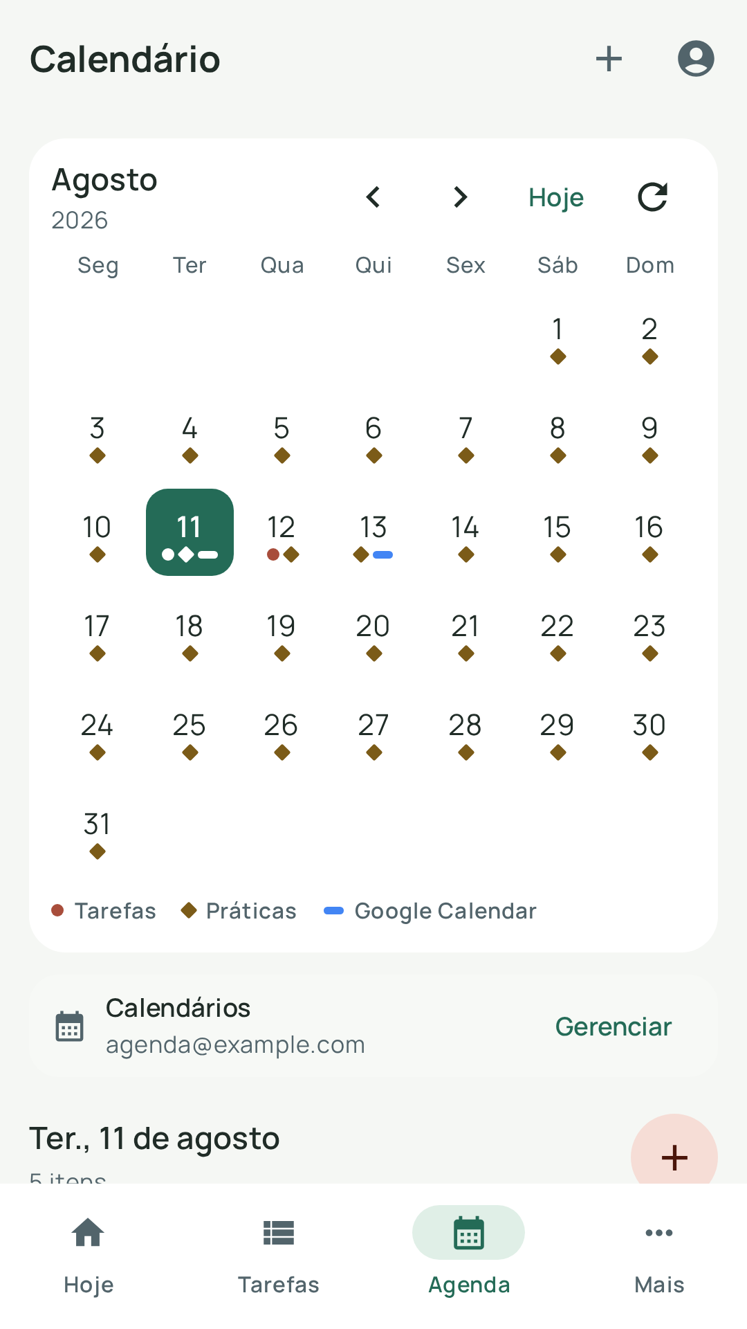 Calendário do Norte Android com tarefas e um evento importado do Google Calendar