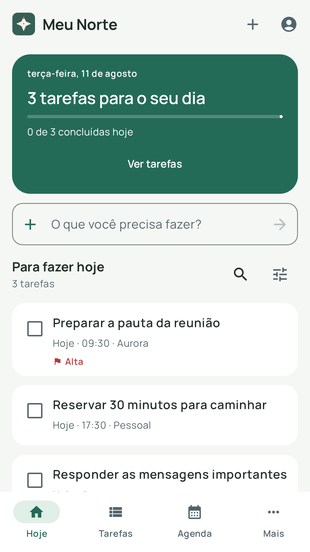 Tela Hoje do Norte Android com três tarefas, horários e prioridade